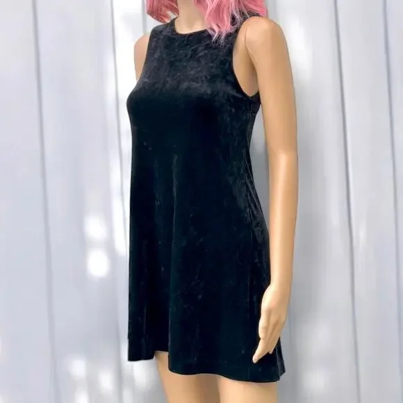Vintage Betsey Johnson Large 1990s Black Stretch Crushed Velvet Dress Tunic Tank - Picture 4 of 13